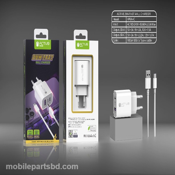 Active HP6A+C 20W Fast Wall Charger Type C Price in Bangladesh