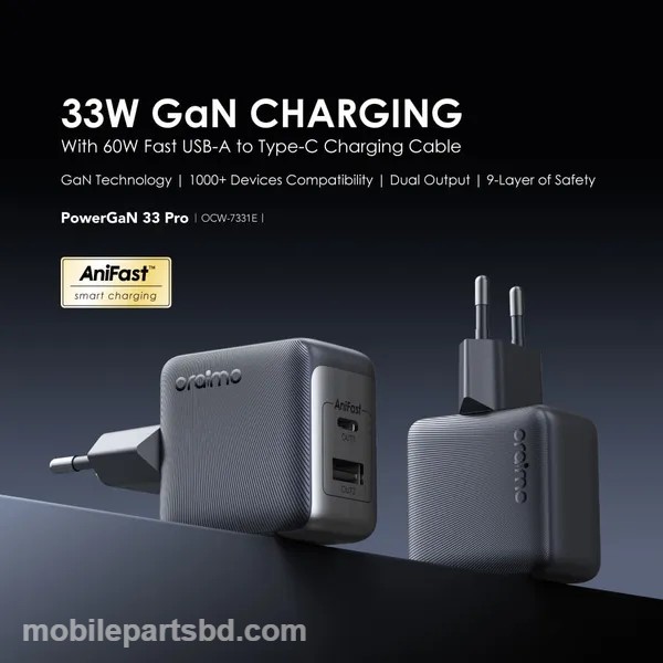 Oraimo AniFast 33W GaN Charging PowerGaN 33 Pro (OCW-7331E) with 60W Type-C Cable Price in Bangladesh
